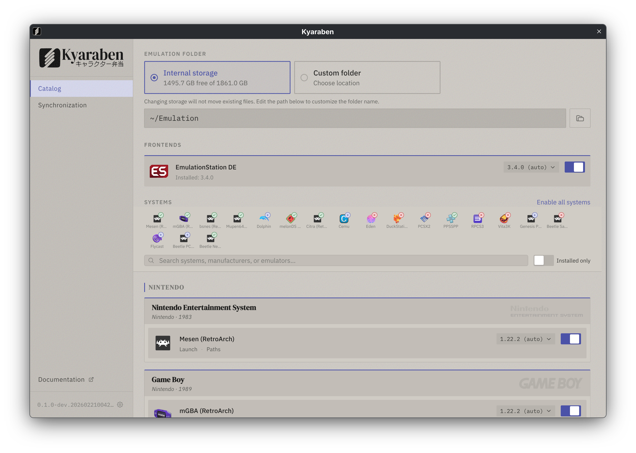System picker showing available systems with emulator versions and install status