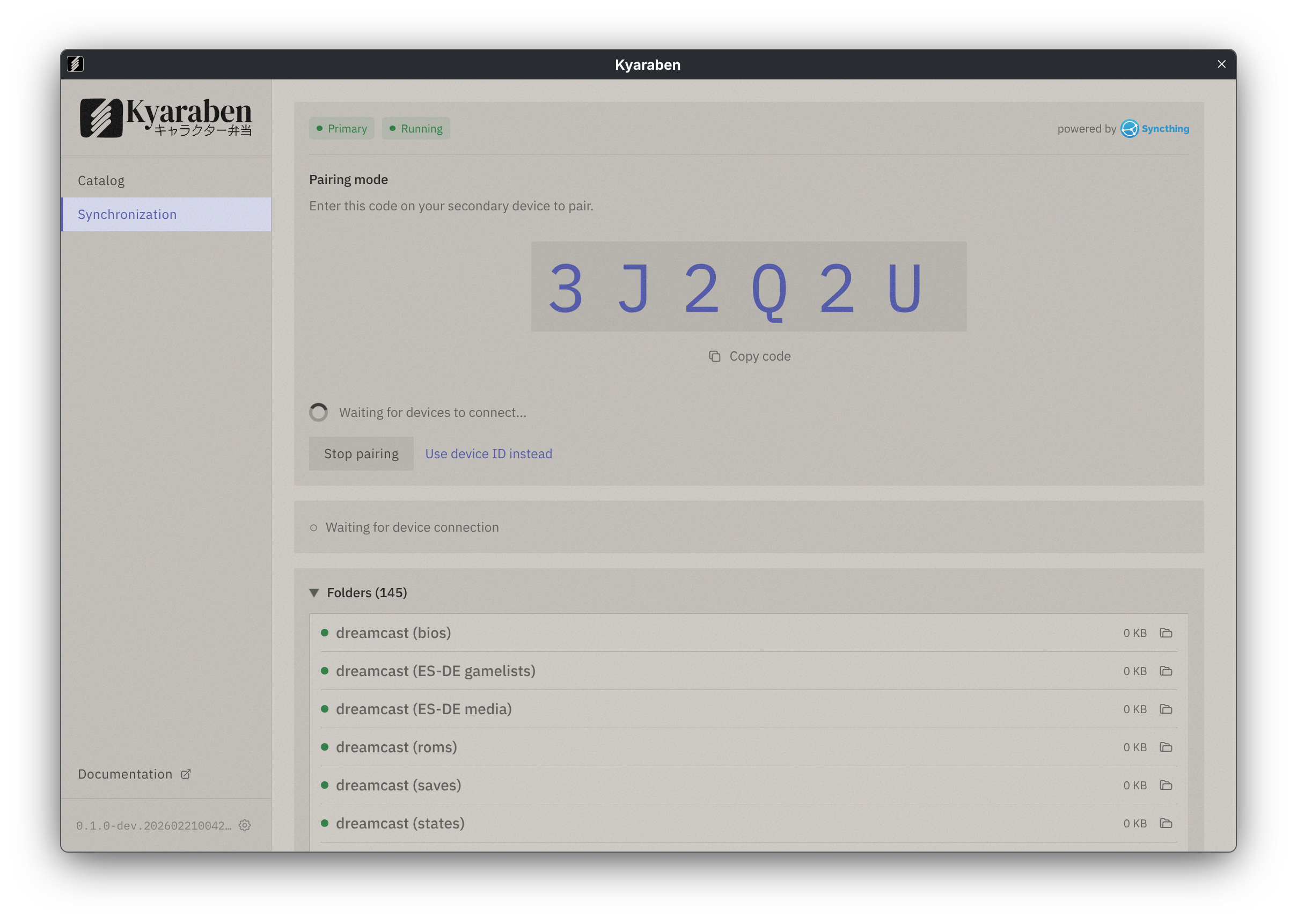 Pairing mode showing a 6-character code and the list of folders to sync